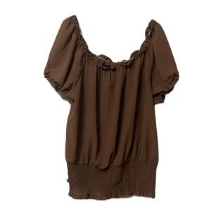 Audrey Lane, On/Off Shoulder, Elastic Neckline and Sleeves Top, Peanut Brown, 2X